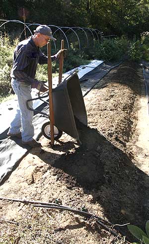 Adding compost to bed row. 