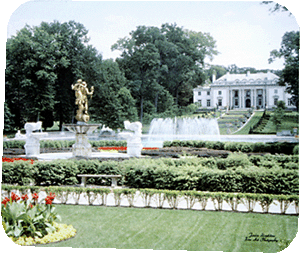 Stately home with statues and fountains